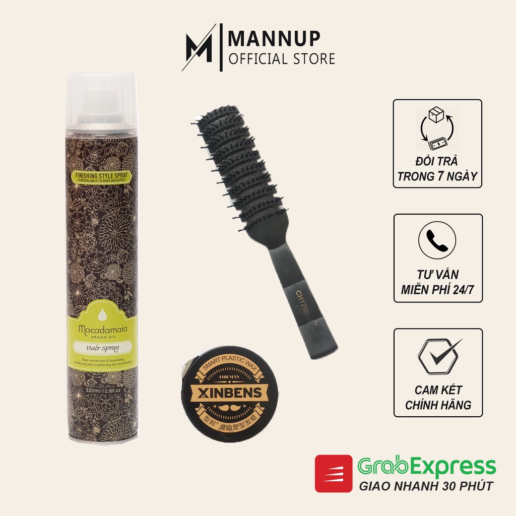 Combo Gôm Xịt Tóc Macadamaia 320ml + Sáp Vuốt Tóc Xinbens Pomade + Lược Tạo Kiểu Chaoba CH1200 - Hàng Chính Hãng