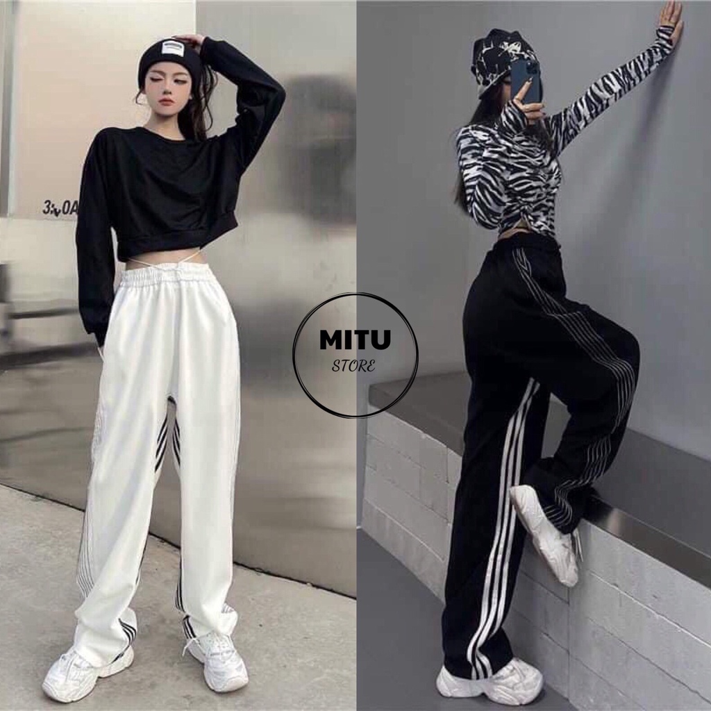 Quần Ống Rộng 3 Sọc Form Rộng 2 màu đen trắng unisex nam nữ