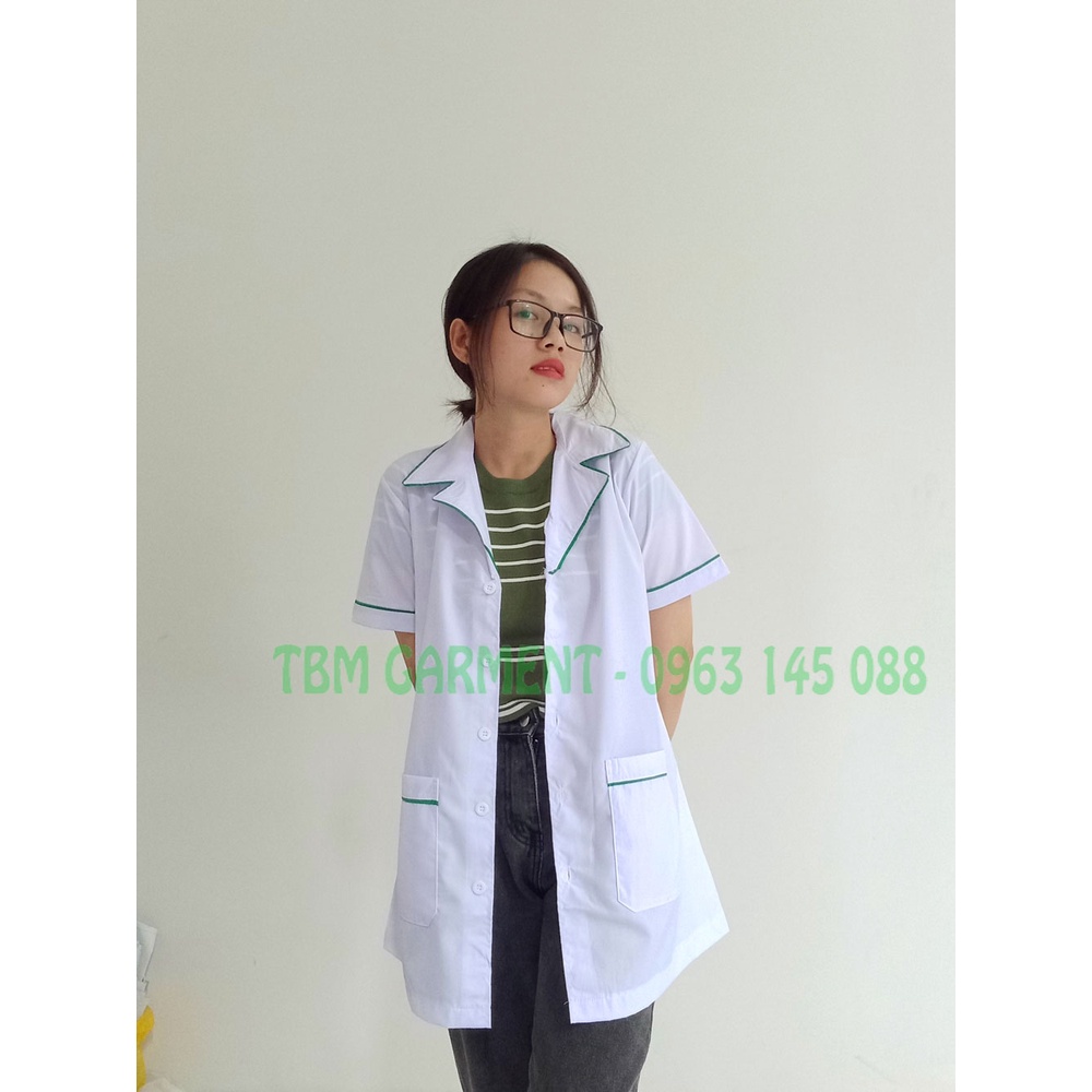 Áo Blouse Trắng Dược Sĩ, Y Tá, Nhà Thuốc Ngắn Tay Viền Lé Bích Cao Cấp