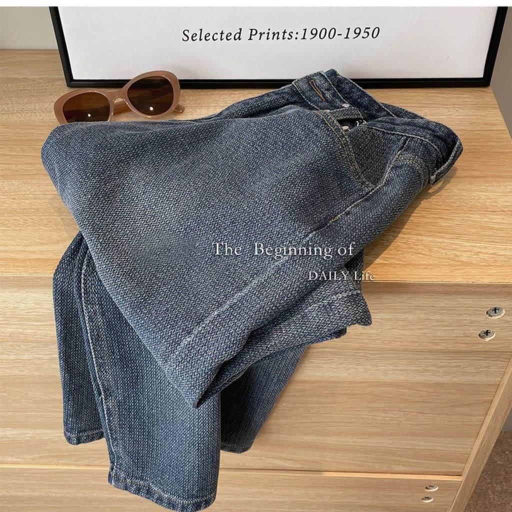 Quần denim RENJIANVSHENG dáng dài ống rộng phong cách Hàn Quốc