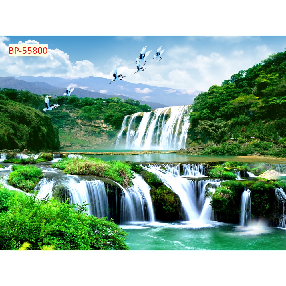 Tranh 3D phong cảnh thác nước chảy, sông suối nên thơ in theo kích thước yêu cầu