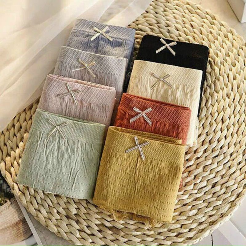 [014] Set 4 Quần Lót Nữ Cotton Tăm Tre Đính Nơ - Đồ Lót Quần Chíp Nữ Xuất Nhật Thông Hơi Kháng Khuẩn FreeSize Dưới 62kg