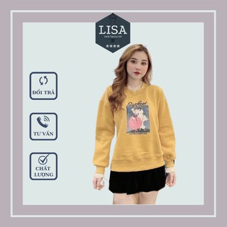 ÁO ĐÔI NỈ BÔNG NỮ SWEATER FORM RỘNG, MÀU VÀNG IN HÌNH BẠCH TUYẾT CỔ BÈO REN, HÀNG QUẢNG CHÂU CAO CẤP