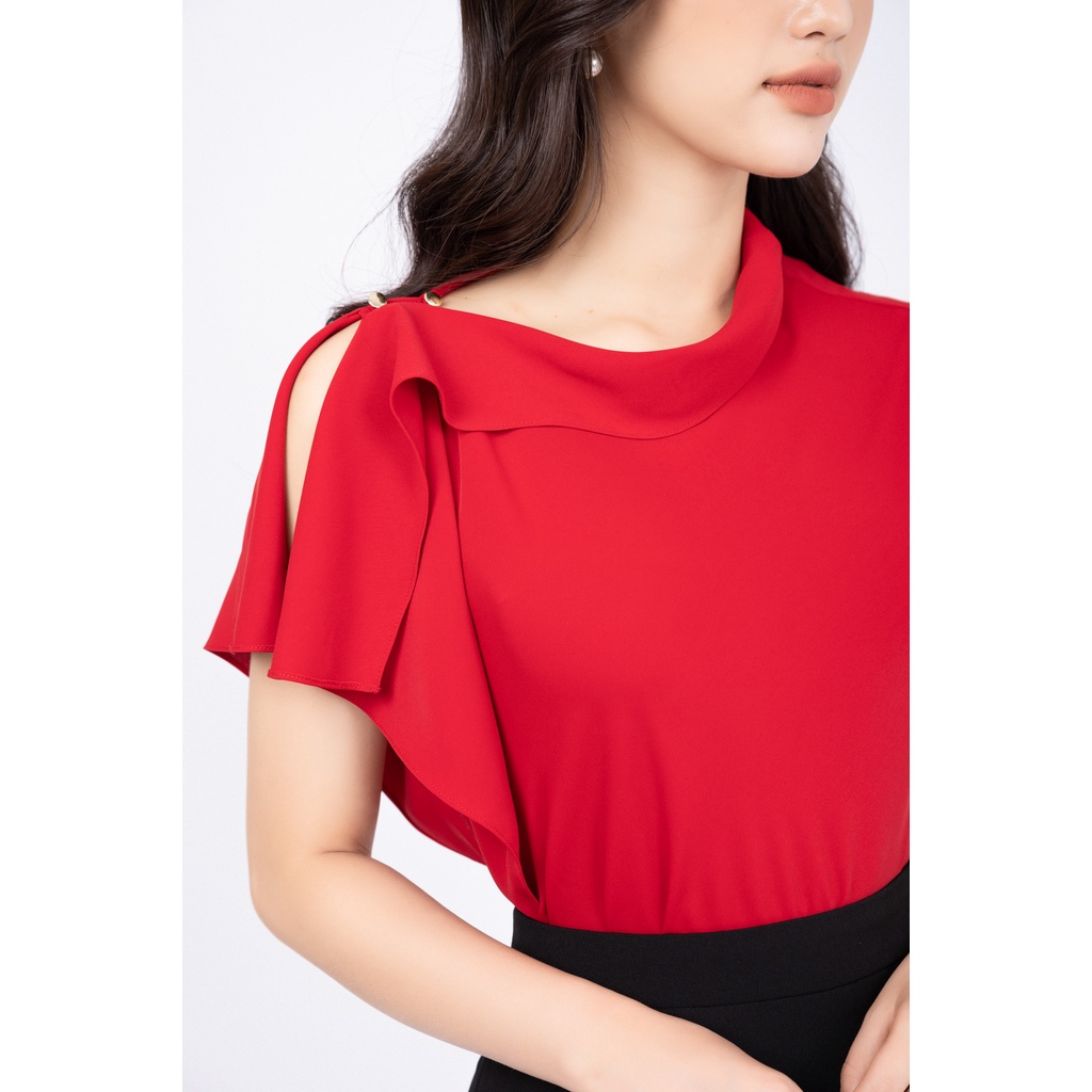 Áo sơ mi dáng suông Fiona, Sơ mi nữ cổ lệch bèo vai đính cúc kim loại F552003