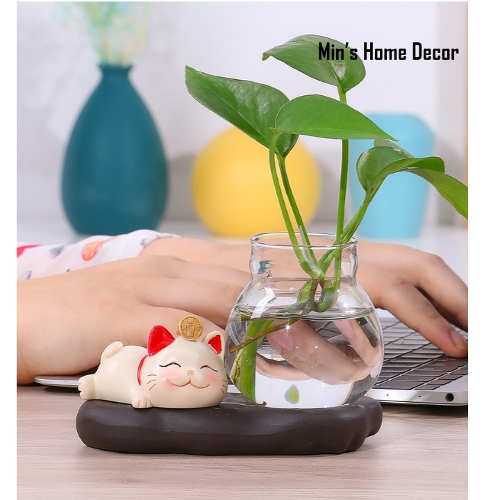 Chậu trồng cây thủy sinh mini để bàn, Chậu thủy tinh mèo may mắn, mèo thần tài