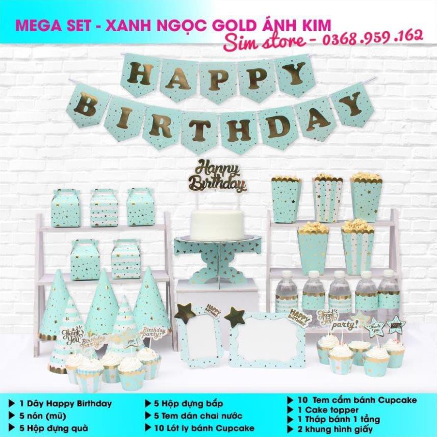 Set Mega Trang Trí Sinh Nhật Chủ Đề Người Lớn Màu Xanh Ngọc Gold Ánh Kim