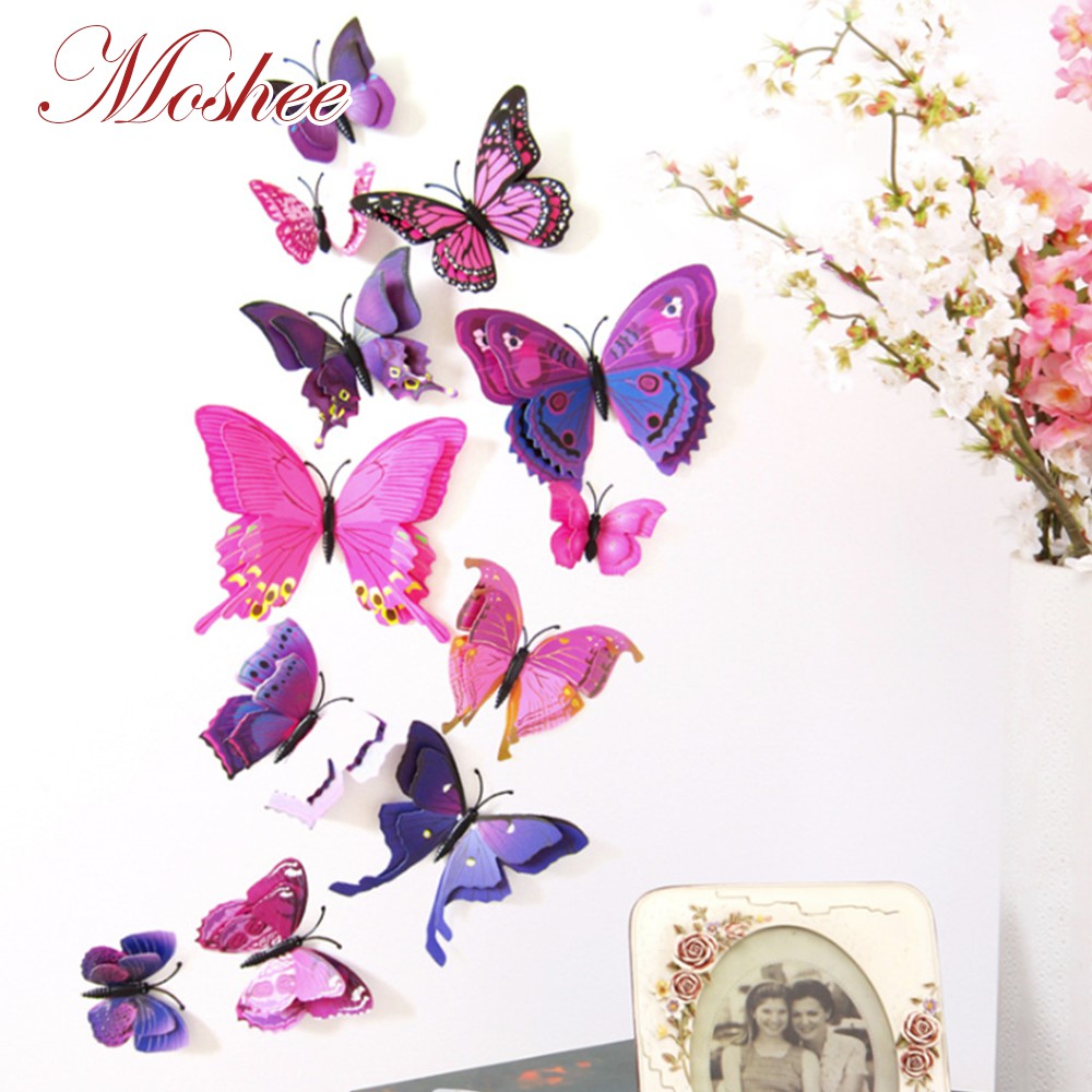 Bộ 12 hình trang trí tủ lạnh họa tiết bướm 3D có 1/2 lớp nhiều màu sắc