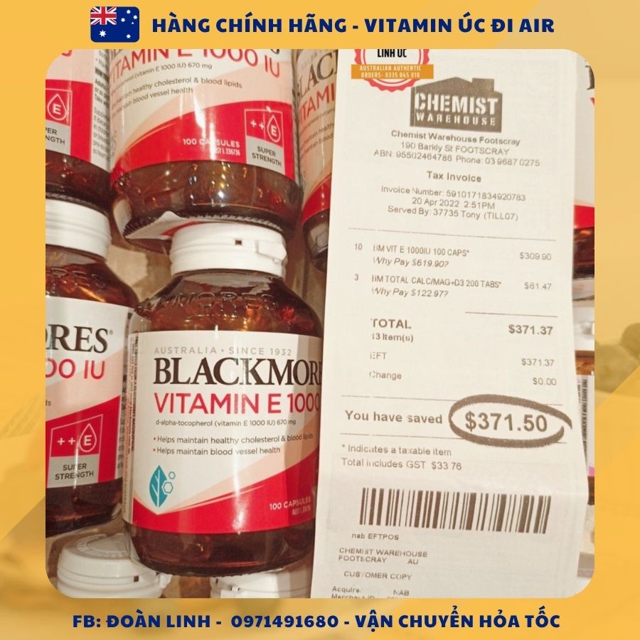 Vitamin E tự nhiên Blackmores Vitamin Natural E 1000IU, Hàng chuẩn úc đi air,  Vitamin E Úc