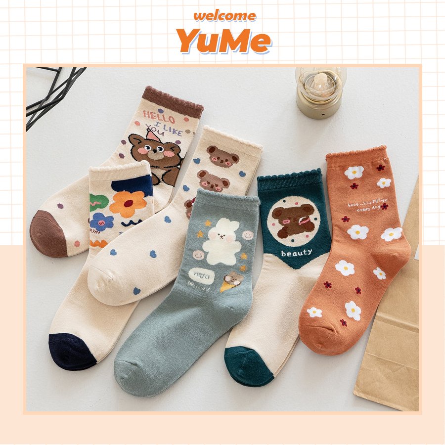 Tất nữ cổ cao nhiều màu họa tiết gấu cute đáng yêu thời trang Hàn Quốc