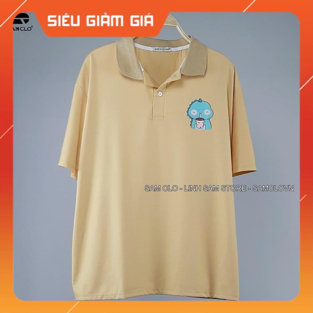 Áo thun Polo form rộng tay lỡ nữ SAM CLO phông freesize unisex mặc đi học, nhóm, lớp in hình KHỦNG LONG XANH TRÀ SỮA