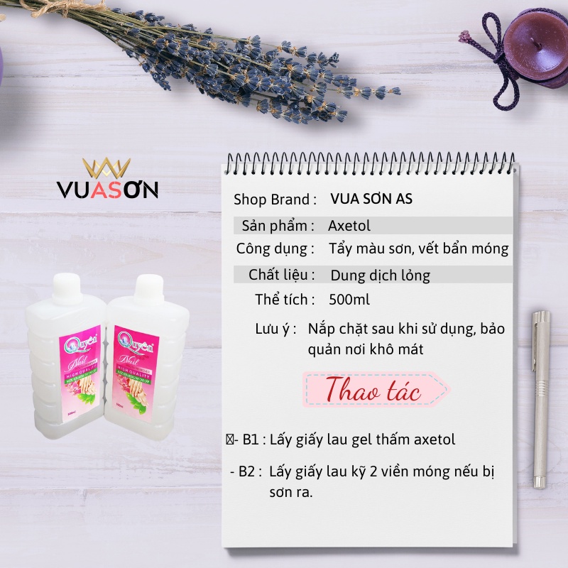 Bộ nước rửa móng Axeton giấy lau sơn gel phụ kiện nail VUA SƠN AS 500ml