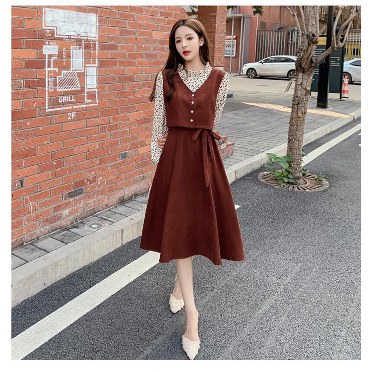 Váy đầm nhung corduroy kèm áo hoa tay dài liền mảnh thắt nơ eo phong cách Hàn Quốc MS417