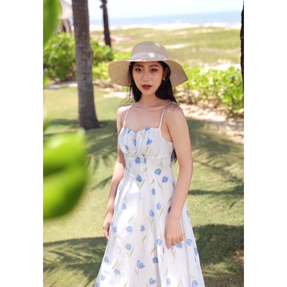 Đầm maxi hai dây họa tiết hoa tulip chất vải tơ organza - Blue Tulips dress (BT117)