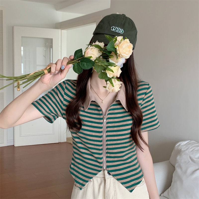 Áo thun polo dệt kim ZHELIHANGFEI họa tiết kẻ sọc thiết kế lệch tà thời trang cá tính cho nữ