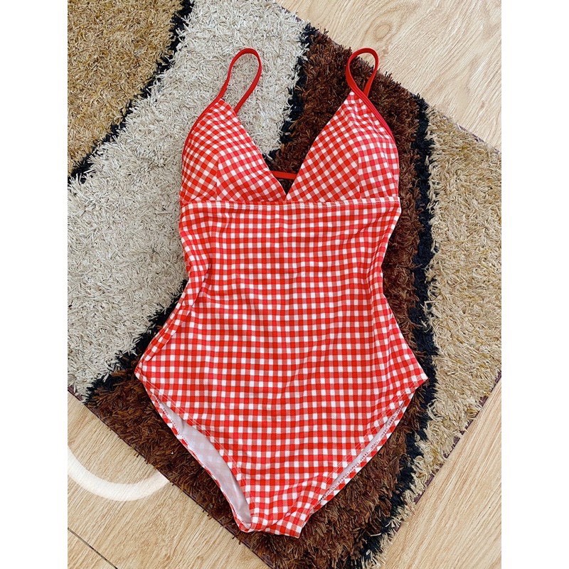 Bikini 1 Mảnh Caro Phối Dây Lưng Hai Màu, Bodysuit Đồ Bơi Đi Biển Cổ V Hai Dây [Ảnh Chụp Thật]  - OS073