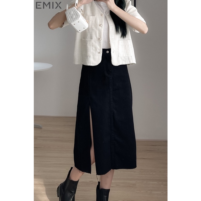 Chân váy jean xẻ chân EMIX, chân váy midi dáng dài, 1 lớp, cạp cao, dài 78cm, chất jean đứng dáng, xẻ chân cuốn hút CvJe