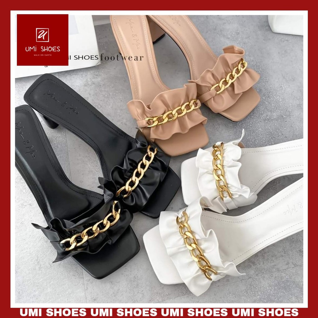 UMI SHOES- Dép guốc nữ cao gót vuông 6cm mũi vuông quai nhún nhúm bèo ngang xích nhỏ xinh đẹp hot mới nhẹ nhàng công sở