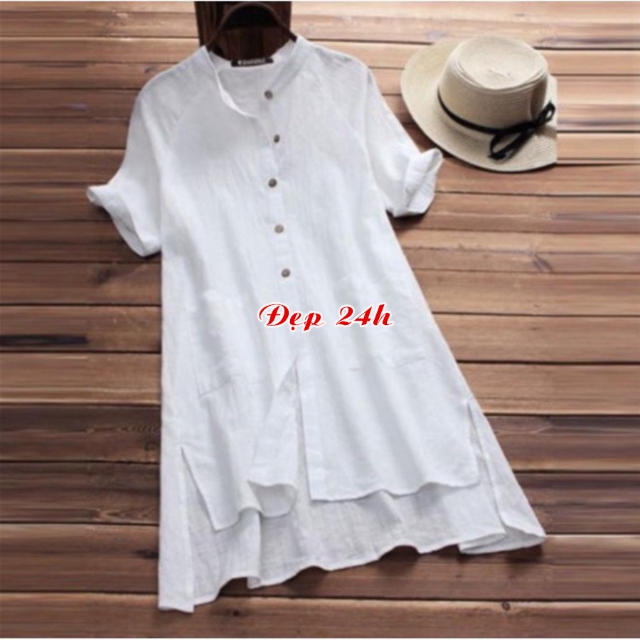 Sơ mi váy sang chảnh Đẹp 24 giờ áo kiểu nữ form dài rộng giấu quần chất liệu đũi Quảng Châu siêu xinh H.35