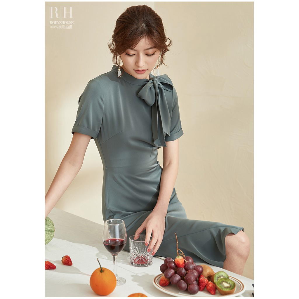 Đầm công sở suông đuôi cá cột nơ xinh tay ngắn
