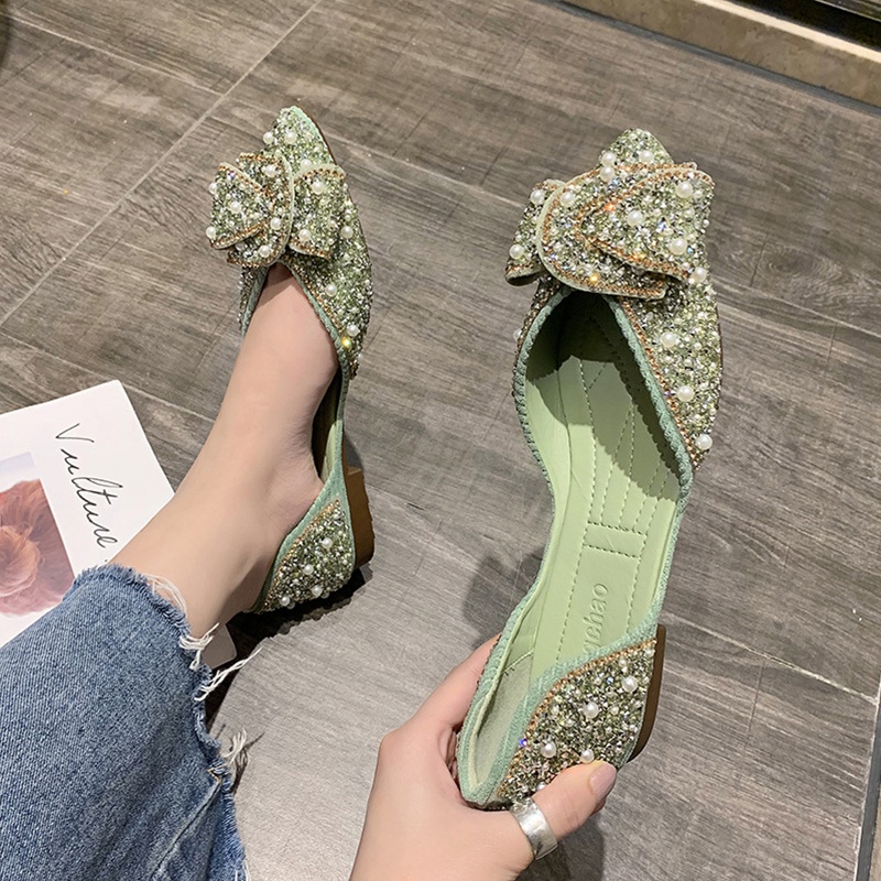 IELGY Giày Búp Bê Mũi Nhọn Đế Mềm Đính Nơ Và Ngọc Trai Giả Kiểu Hàn Quốc Cho Nữ
