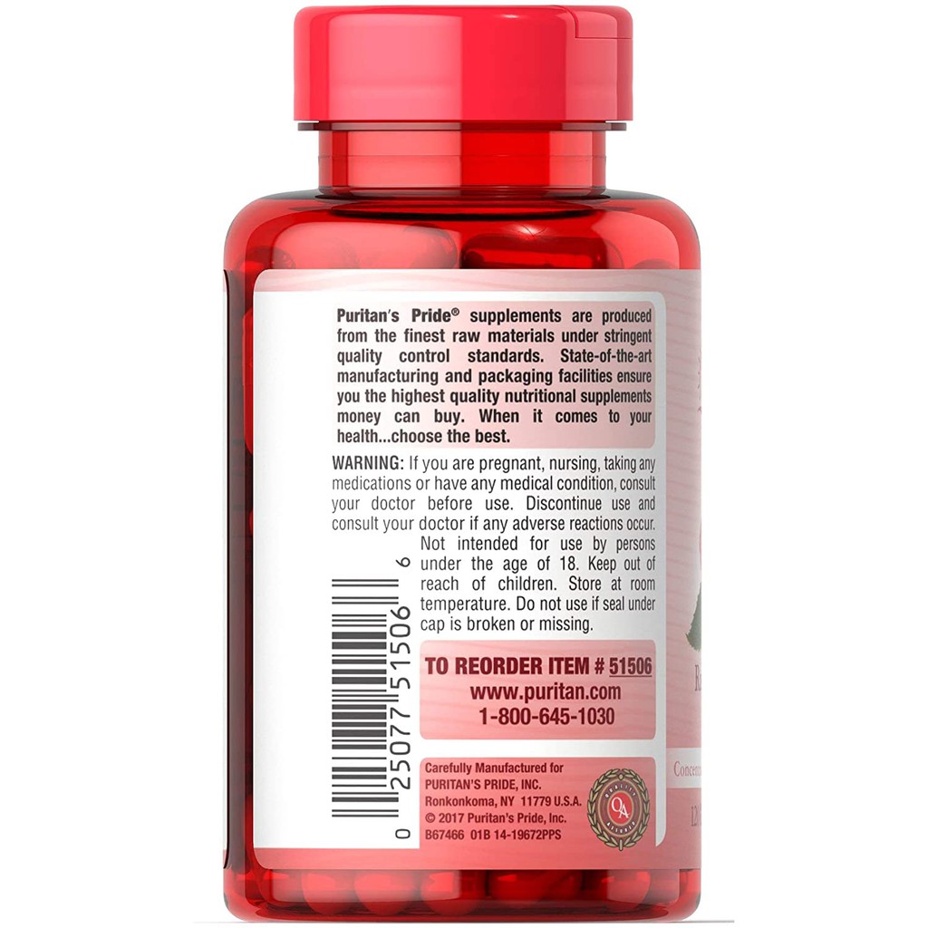 Viên uống giảm cân, hạn chế tích tụ mỡ Raspberry Ketones Puritan's Pride 120 viên