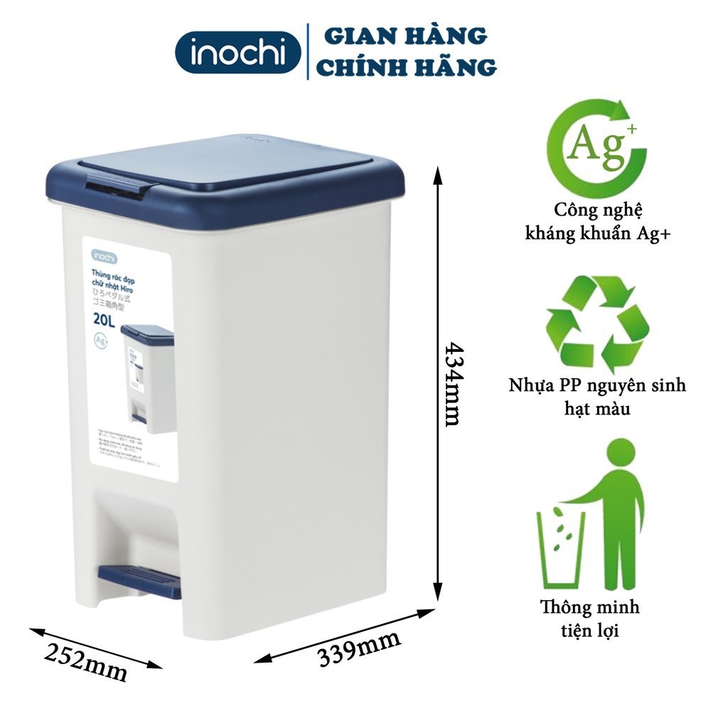 Thùng rác INOCHI Hiro nhựa 20L (kèm ruột) chữ nhật, đạp chân, nắp bấm, có nắp đậy, chống mùi hôi