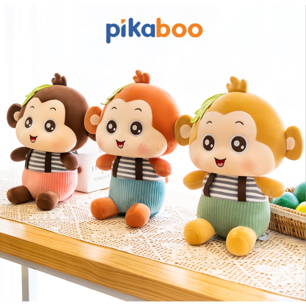 Gấu bông khỉ mặc yếm cao cấp Pikaboo vải cotton nhung mềm mịn co giãn, nhồi bông 3D tinh khiết an toàn