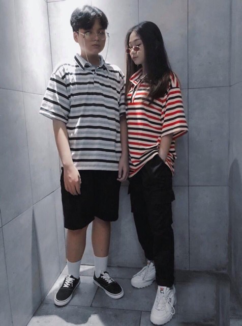 ÁO THUN POLO TAY LỠ SỌC GREY - ÁO POLO UNISEX TAY LỬNG - MM