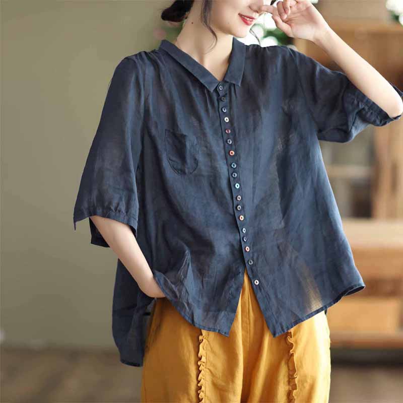 Ice retro colorful buttons cotton linen short-sleeved shirt loose top ramie linen shirt clearance ~ brand cut label