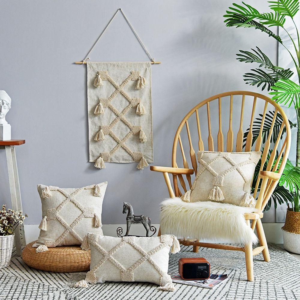 Vỏ Gối Cotton Lanh Phối Tua Rua Trang Trí Nhà Cửa