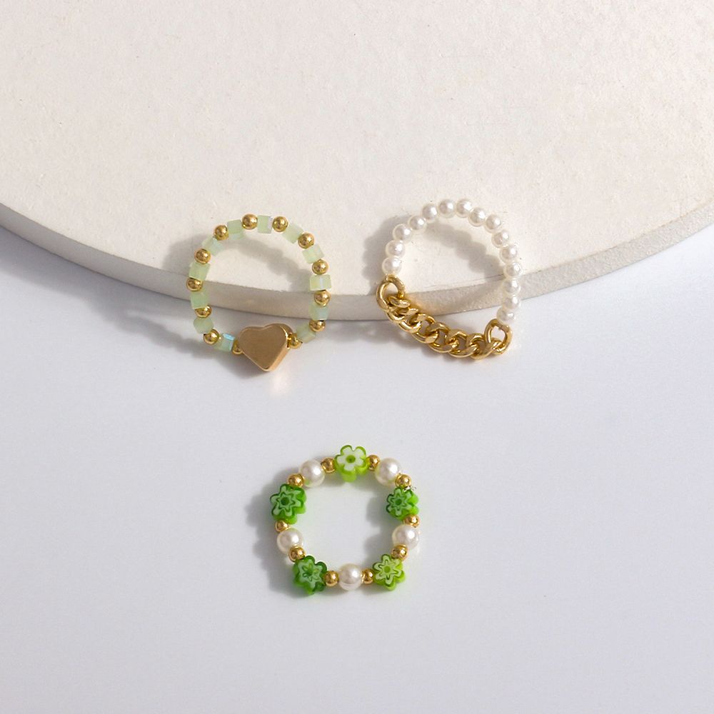 Nhẫn đeo ngón tay co giãn đính hạt hình hoa/trái tim nhiều màu dễ thương phong cách Bohemian Hàn Quốc cho nữ