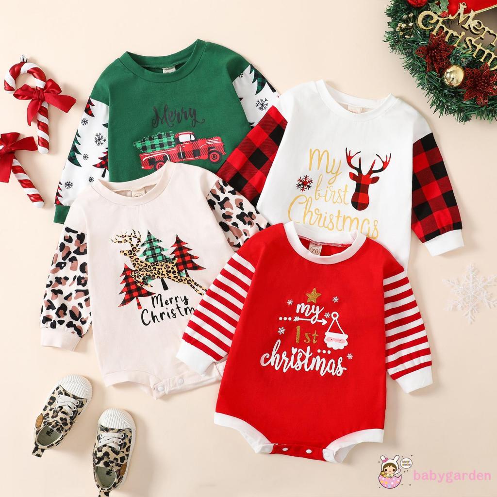 Babygarden-unisex Áo Liền Quần Tay Dài Cổ Tròn In Họa Tiết Giáng Sinh / Xe Hơi / Cây Cối Cho Bé