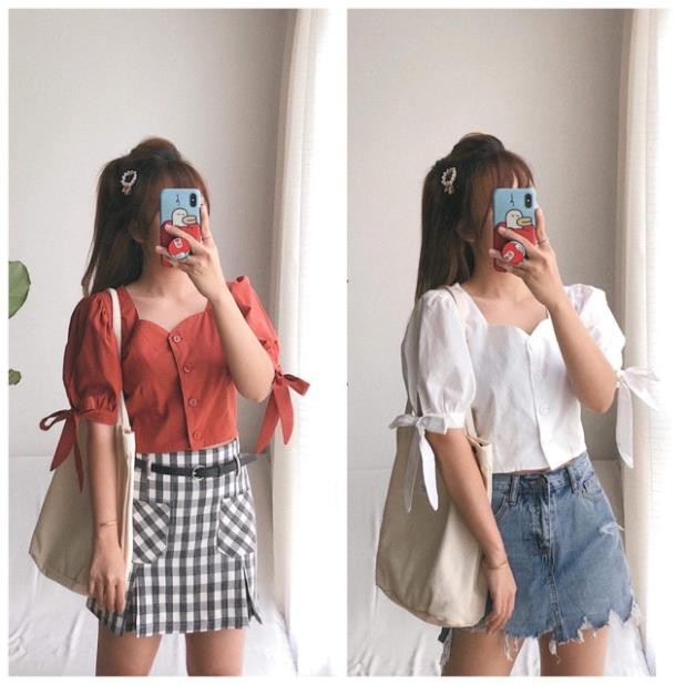 Áo Nữ Croptop Kiểu Hàn Quốc Đẹp Tay Phồng Cột Nơ Trắng Đen Cam Đất DRACR21