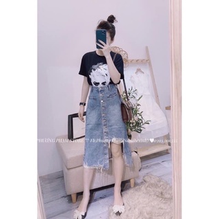 CHÂN VÁY BÒ RÁCH KHUY DÁNG DÀI LỆCH GẤU