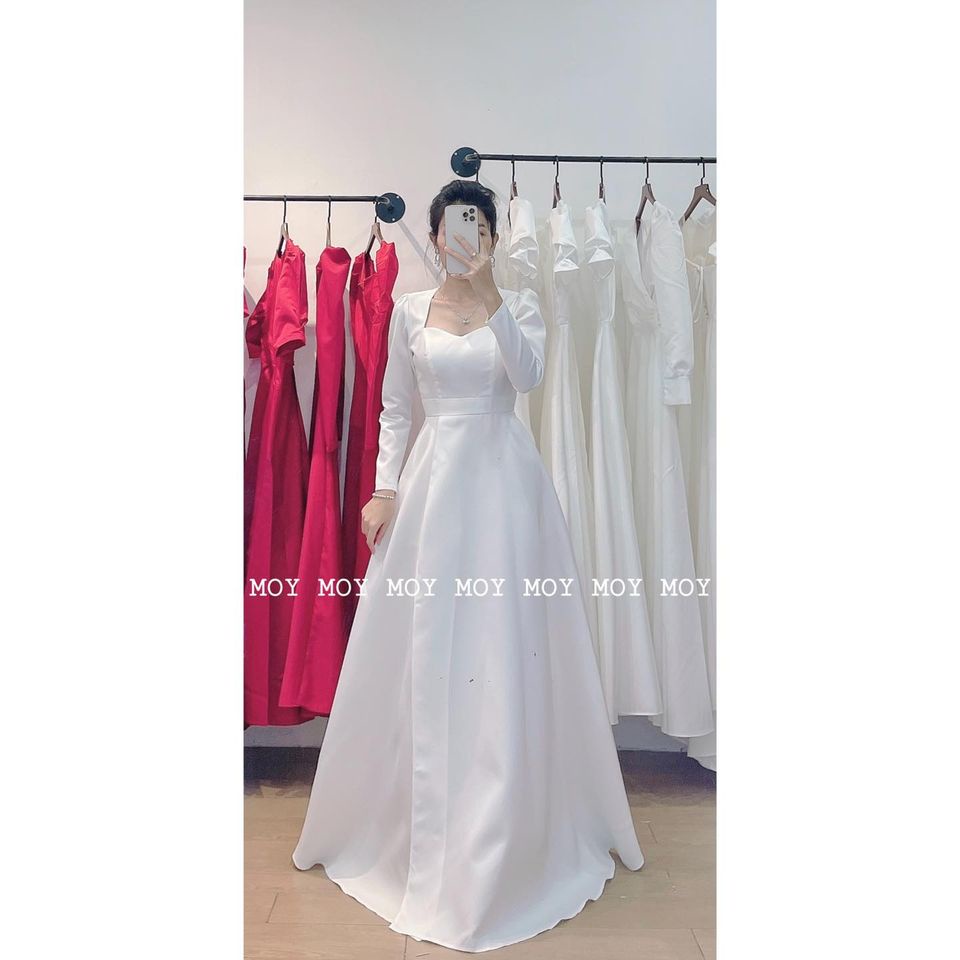 Váy dài phi taffeta xẻ cổ vuông tay dài khoét lưng - Váy cưới đơn giản nhẹ nhàng