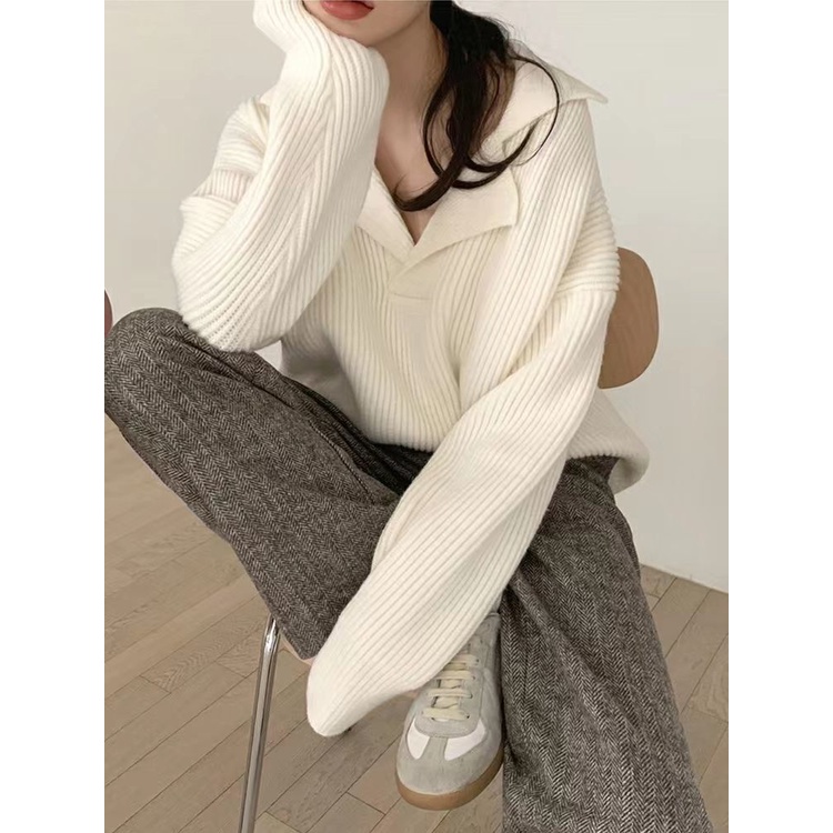 Áo sweater dệt kim RENJIANVSHENG tay dài cổ polo dáng rộng màu sắc retro phong cách Hàn Quốc