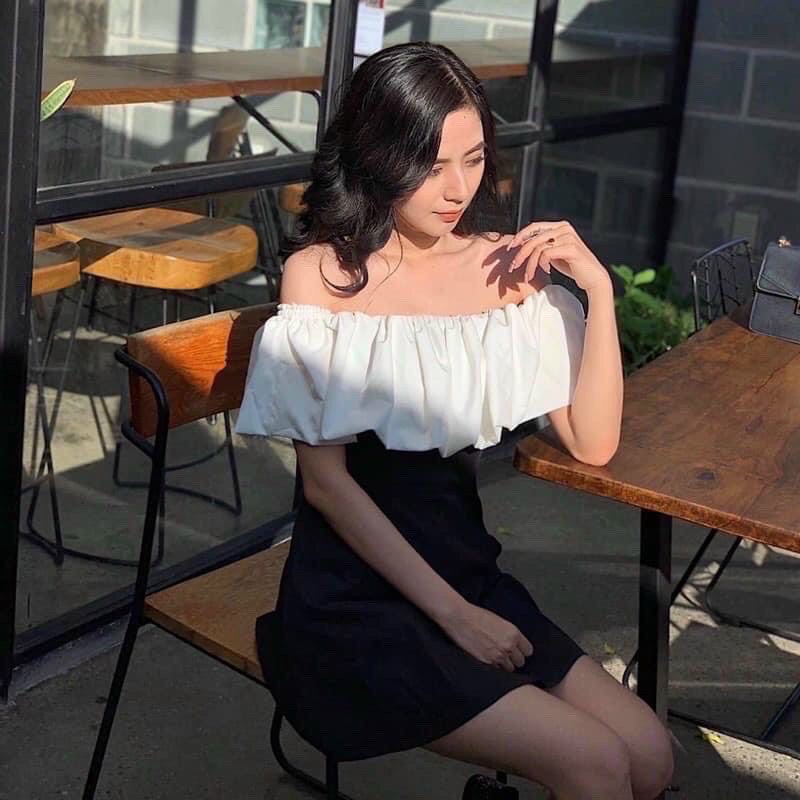 Váy Trễ Vai Màu Đen Bèo Vai Trắng Khoá Sườn Cực Xinh Tôn Dáng