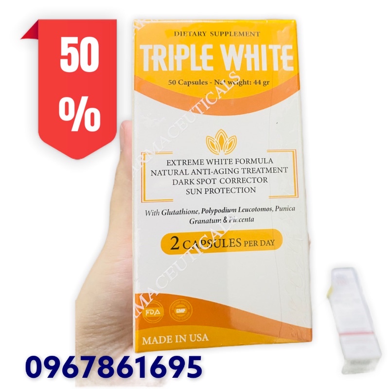Viên uống Triple White Glutathione 1200mg chính hãng Mỹ (Hộp 50 viên)