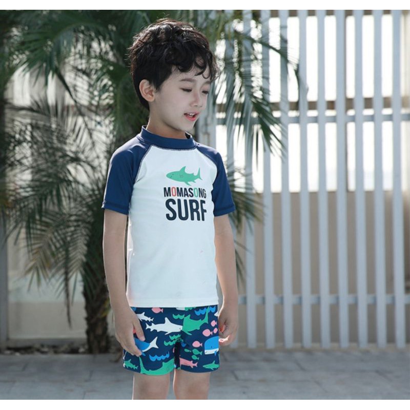 Bộ đồ bơi cao cấp kèm mũ {35-55kg} cho bé trai size lớn, mẫu Surf , mẫu khóa kéo trước dài tay hãng Momasong