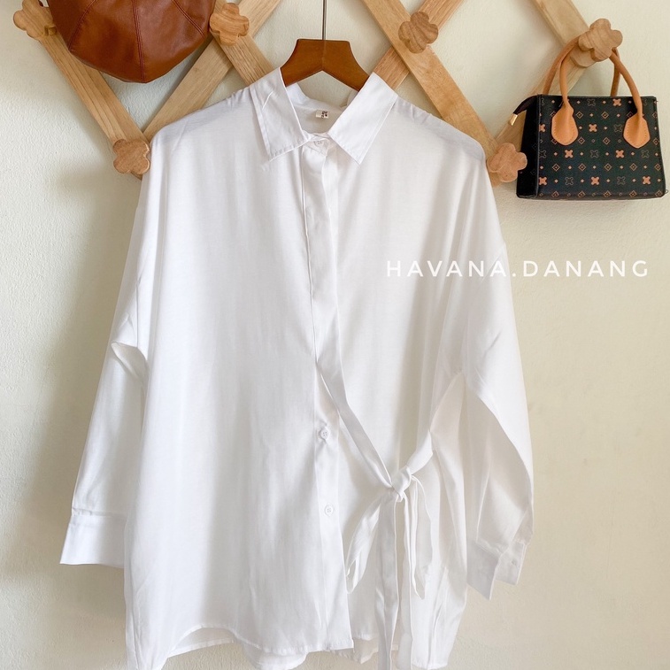 Áo sơ mi lụa nữ dài tay, sơ mi buộc eo mềm mịn freesize