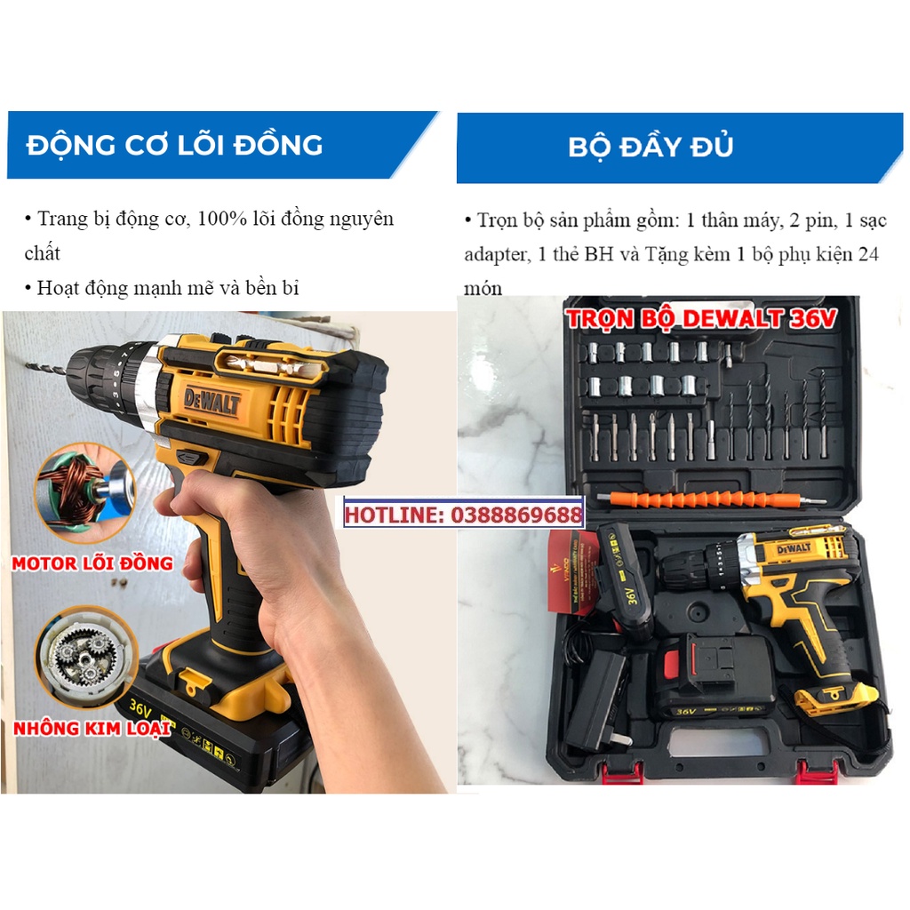 Máy khoan pin 36V 3 chức năng - Tặng bộ phụ kiện 24 chi tiết, Lõi đồng, Máy bắn vít cầm tay