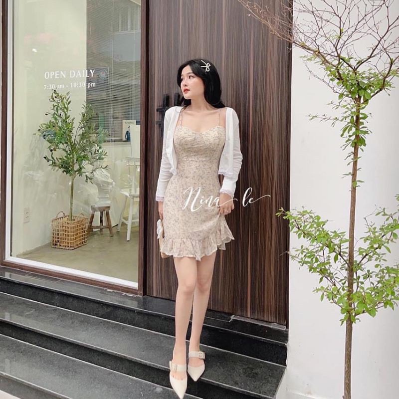 SET VÁY HOA NHÍ TÍM ĐUÔI CÁ MIX ÁO KHOÁC REN TRẮNG