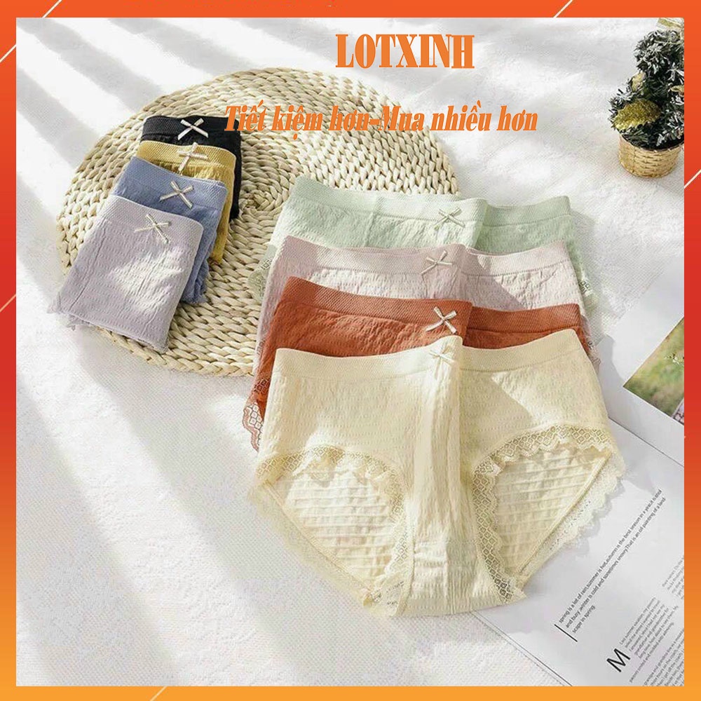 Quần Lót Nữ Cotton vải Nhăn phối viền ren đính nơ xinh kháng khuẩn xuất nhật LOTNU07