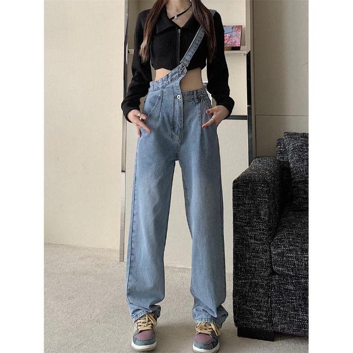 Quần Yếm Denim Xuân Hè 2022 Dáng Suông Ống Rộng Lưng Cao Hợp Thời Trang Cho Nữ