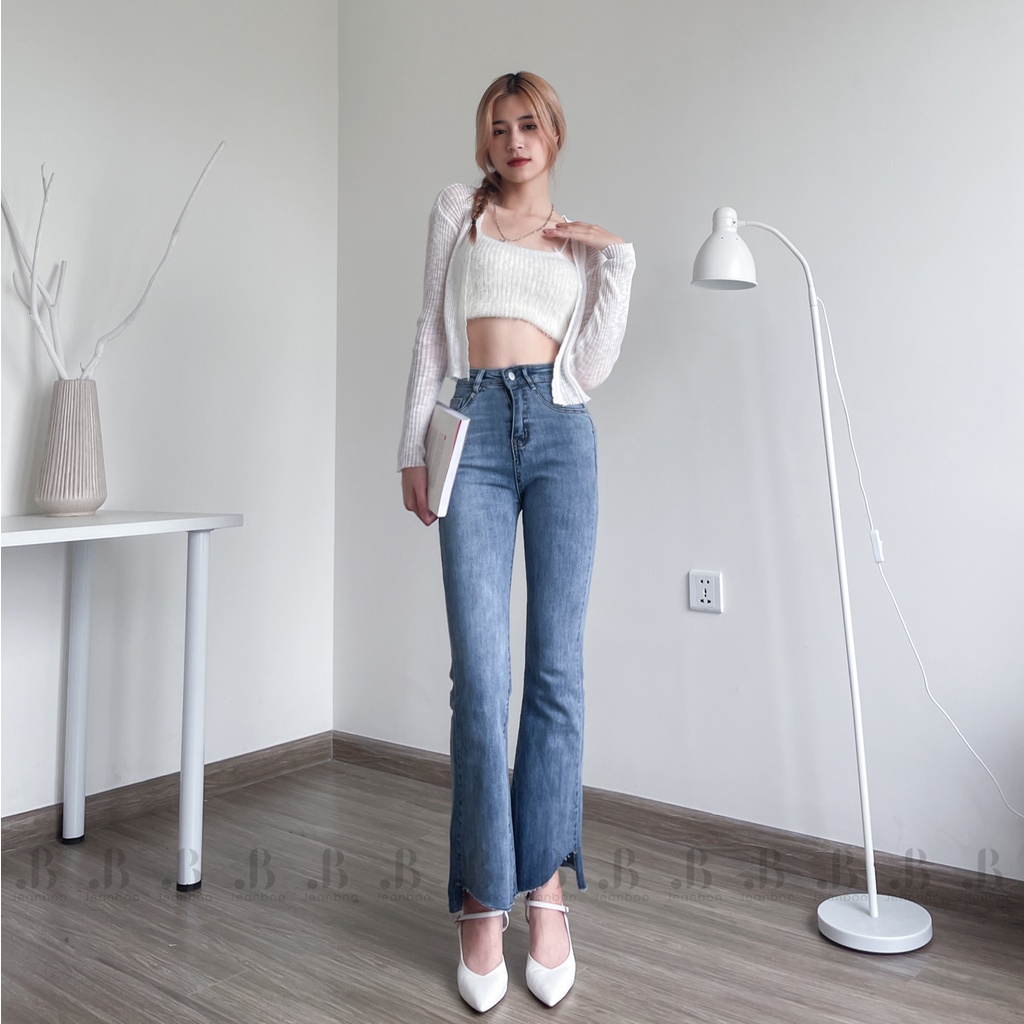Quần jean nữ ống loe lai tua chéo ulzzang Spandex Cotton, quần jeans nữ ống loe co giãn 4 chiều VNXK 13BLT01 - JEANBOO