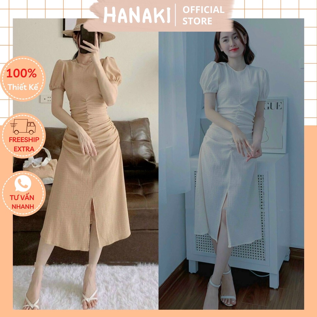 Đầm Dự Tiệc Thiết Kế Nhún Eo Xẻ Tà 2 Màu Trắng Nude Hanaki HNK344