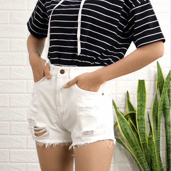 Quần Short Jean Màu Trắng Lưng Cao Rách J0229
