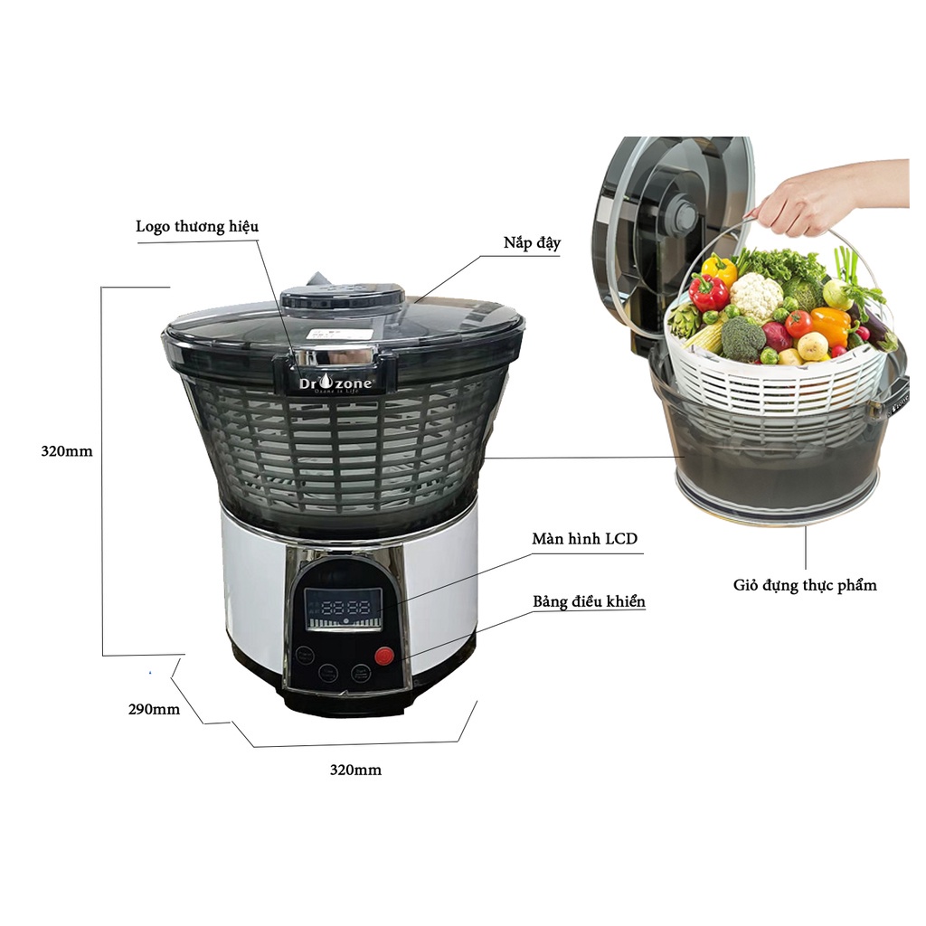 Máy khử khuẩn thực phẩm Dr.Ozone DR100 khử độc khử trùng đa năng với 7 chế độ làm sạch thông minh- Bảo hành chính hãng