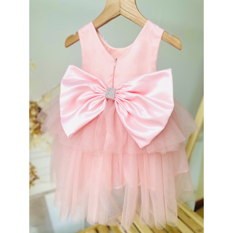 Váy công chúa, đầm công chúa thiết kế cho bé gái màu hồng xòe 2 tầng kết hợp đính hoa thủ công cho bé từ 1 đến 10 tuổi