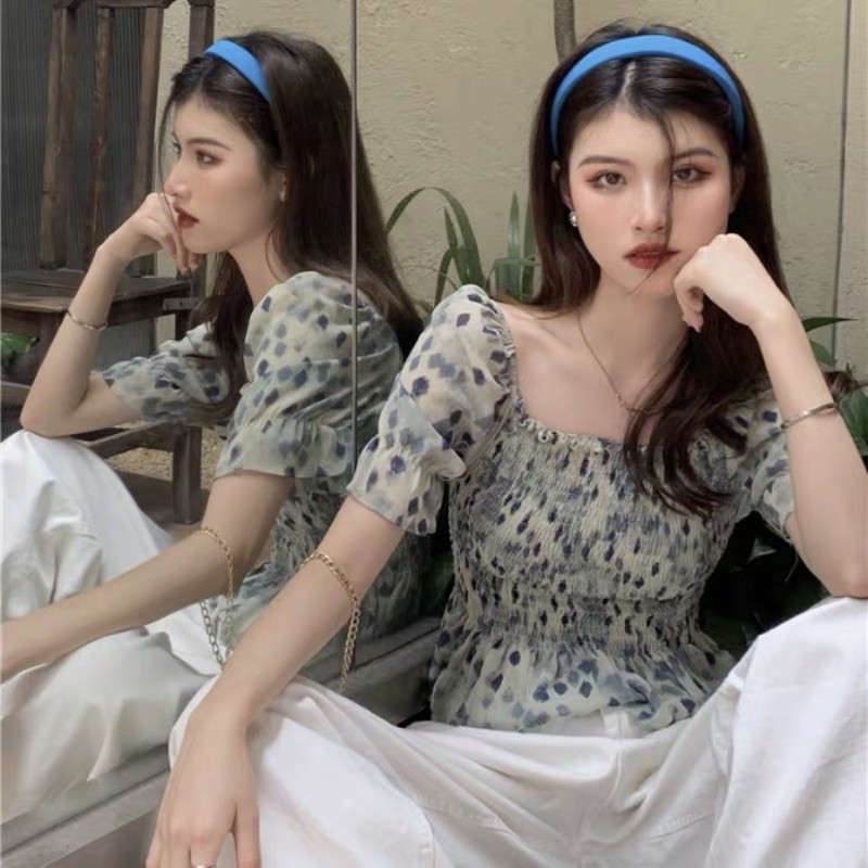Áo nhún ngực voan chifon họa tiết Ulzzang style Hàng Quảng Châu
